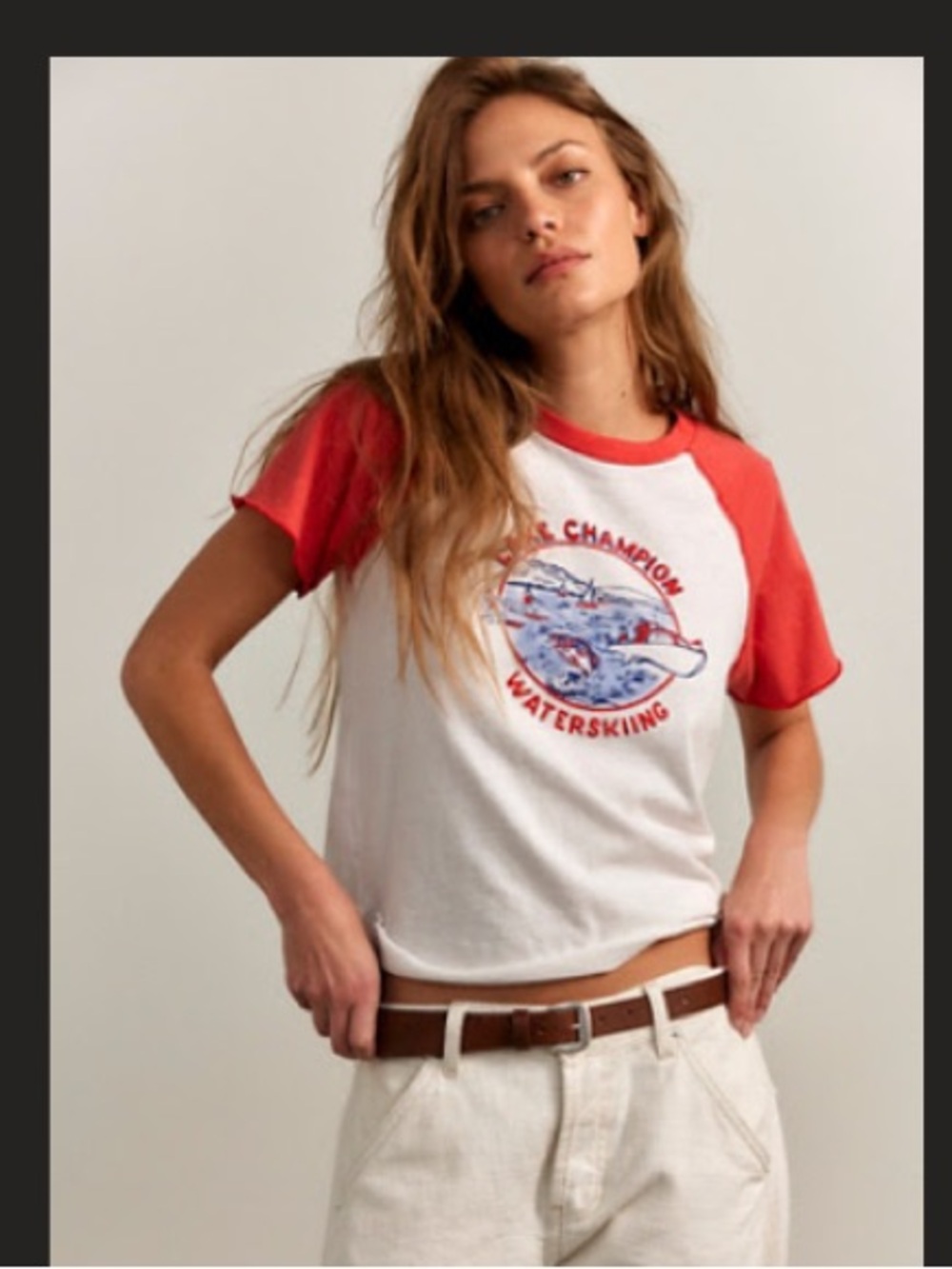 MOTHER S/S Lake Champion Tee — White with Red Raglan Sleeves